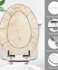 Toilet Seat Elongated for Bathroom Use in beige color with grip-tight bumpers and stainless steel hinges, measuring 14.5" x 18.5".