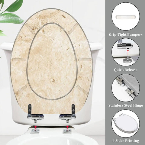 Toilet Seat Elongated for Bathroom Use in beige color with grip-tight bumpers and stainless steel hinges, measuring 14.5" x 18.5".