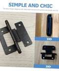 SWOOMEY heavy-duty cabinet door hinges, 10-pack, iron with black finish; collage of front, mounted and installed views.