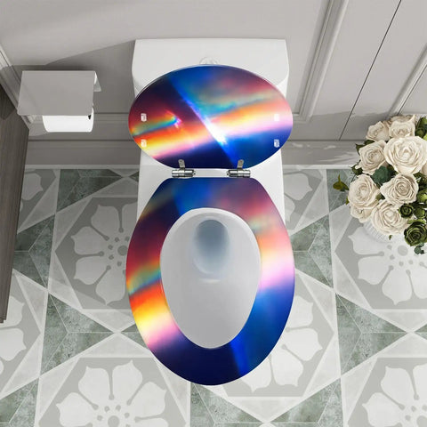 Elongated Toilet Seat Soft Close for Bathroom with colorful design, installed on standard toilet, viewed from above.