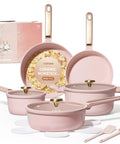 Nonstick Cookware Set 14 Piece, PFAS Free and Non Toxic, Pink Blush Granite Coated Pots and Pans, Die Cast Aluminum