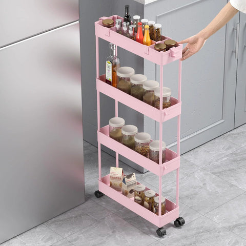 Four Tier Slim Storage Cart With Rolling Wheels For Narrow Gaps And Tight Spaces 38.7 Inch Tall Mobile Shelving Unit in Pink next to fridge