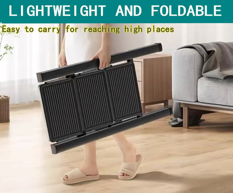 Five Step Folding Step Ladder With Anti Slip Wide Pedal Aluminum Construction Lightweight Portable Stepladder For Home Office Library Workshop And More 300 Lb Capacity Black Non Slip Feet Triangular Frame Boss Level Stability folded and carried indoors