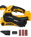 Badass Cordless Brushless Belt Sander With Six Variable Speed Settings And Raw Grip side view with sanding attachments and dust bag
