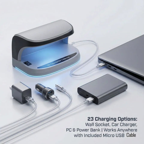 Counterfeit Money Detector With UV LED Light showing charging options via USB cable, suitable for banks, retailers, home use.