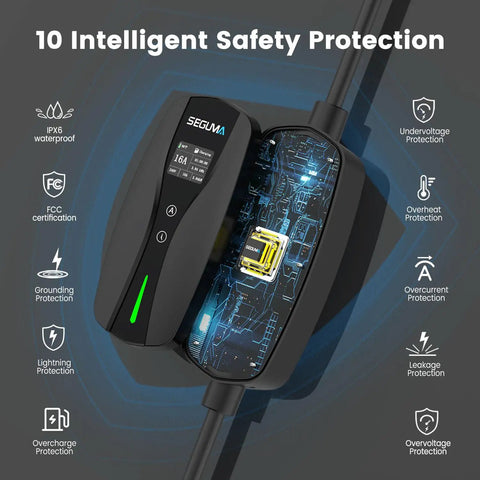 Plug And Play Level 1 And 2 Ev Charger With Adjustable 16 Amp Current And J1772 Connector showcasing 10 safety features.