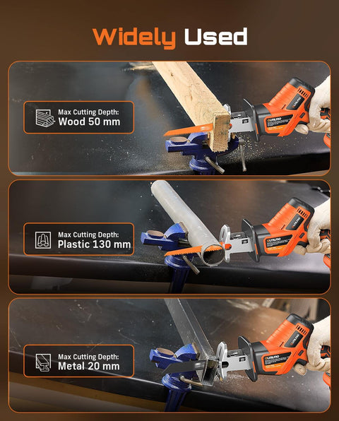 Beast Of A Cordless Reciprocating Saw With 8 Blades, Dual 4000mAh Batteries cutting wood, PVC, and metal at variable speeds.
