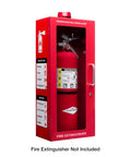 Red Wall Mount Fire Extinguisher Cabinet With Alarm And Lock And Clear Acrylic Break Glass Window Durable Metal Box That Fits 2.5 5 And 10 Pound Extinguishers For Quick Access Safety visible from the front with extinguisher inside
