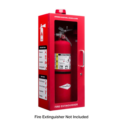 Red Wall Mount Fire Extinguisher Cabinet With Alarm And Lock And Clear Acrylic Break Glass Window Durable Metal Box That Fits 2.5 5 And 10 Pound Extinguishers For Quick Access Safety visible from the front with extinguisher inside