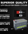 Superior quality 12V LiFePO4 BT10 Battery with Built-In BMS, dimensions and performance metrics displayed, suitable for solar and emergency power use.