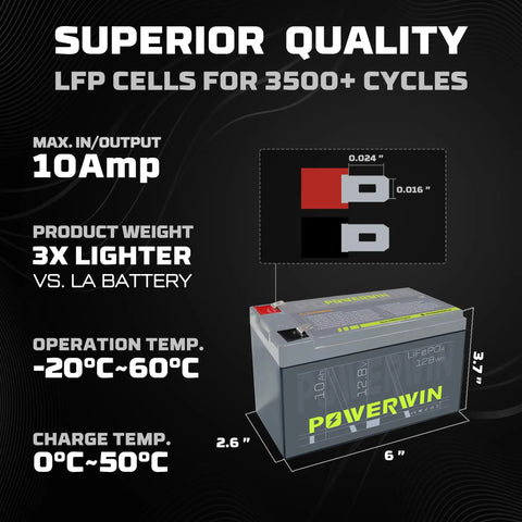 Superior quality 12V LiFePO4 BT10 Battery with Built-In BMS, dimensions and performance metrics displayed, suitable for solar and emergency power use.