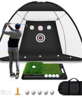 Person using 10 x 7 Ft Golf Practice Net With Mat Kit for chipping, swing, and driving training with turf mat, balls, and bag