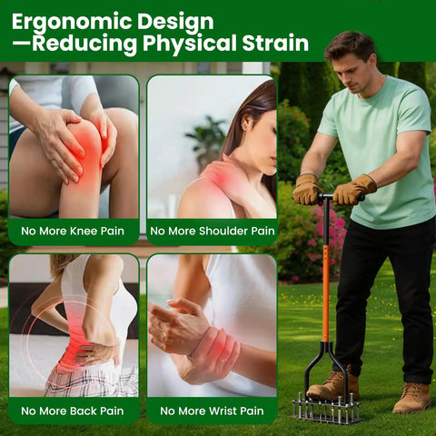 Man demonstrating Manual Lawn Aerator Tool With 15 Iron Spikes And Adjustable Height Double Layer Spring on lawn.