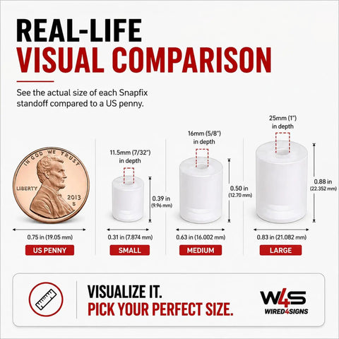 Real-life visual comparison of Clean Hidden Acrylic Standoff Mounts For Plexiglass Wall Signs With No Sweat Install Kit UV Stable Heavy Duty Clip In Holders 100 Pack Medium White next to a US penny.