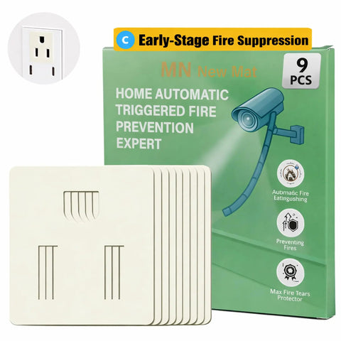 Nine pack heat activated fire suppression patches for outlets, power strips, and electrical devices next to product box