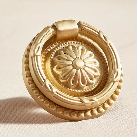 Dope Vintage Solid Brass Ring Pull Drawer Knob in Satin Gold Finish with Antique Bronze Accents, Detailed Floral Design