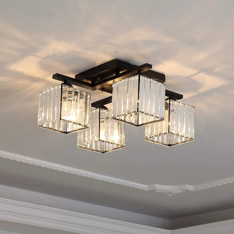4 Light Rectangular Modern Crystal Chandelier Pendant Fixture For Dining Room Living Room Kitchen Hallway Geometric Hanging Lighting With Sparkling Crystals And Dope Home Decor on ceiling