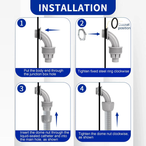 Installation guide for half inch flexible liquid tight PVC electrical conduit kit, showing how to secure and seal the components.