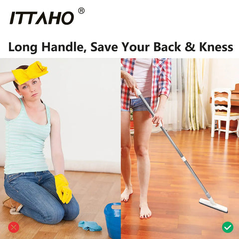 Comparison of kneeling vs standing cleaning with Two Pack Grout Cleaning Brush With Long Extendable Handle And Swivel V Shape Scrub Head