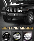 7 Inch Round LED Headlights H6024 Hi Lo Beam DRL DOT Approved on Jeep showing lighting modes