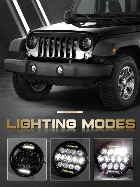 7 Inch Round LED Headlights H6024 Hi Lo Beam DRL DOT Approved on Jeep showing lighting modes