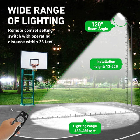 Outdoor Solar Street Light IP67 Waterproof 600 LEDs 30000 Lumens Dusk to Dawn Flood Light shown lighting a basketball court