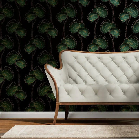Elegant Poppy Metallic Blue Gold Wallpaper With Fibrous Texture Top Shelf Eco Friendly Wallcovering Paste The Wall Killer Accent Panel Made In USA applied on a black wall.
