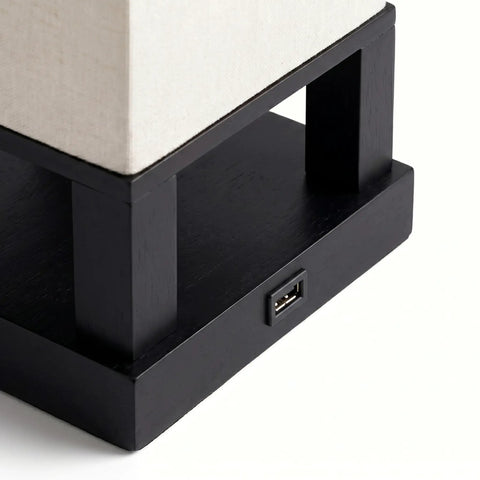 Close-up of the Maxwell Bedside Lamp With USB Port For Bedroom And Living Room Cozy Wood Frame Nightstand Light base with USB port.