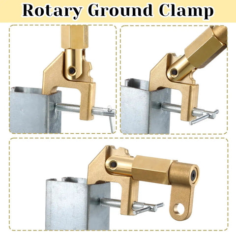 Rotary welding ground clamp with solid brass construction, showing tightening mechanism on metal bar.