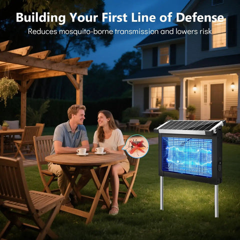 Solar Bug Zapper Outdoor Cordless Mosquito Killer Lamp With 10W Solar Panel And 4500V Shock Grid installed on a lawn