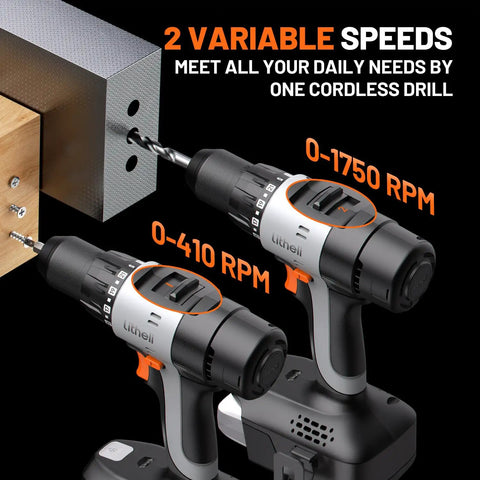 Cordless Drill Kit With Half Inch Metal Keyless Chuck, 443 Inch Pounds Torque, 2.0Ah Battery demonstrating two speeds