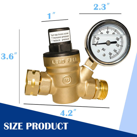 Water Pressure Regulator Valve For RVs With Gauge And Inlet Screened Filter Brass RV Part For Camper Trailer Performance, Leak Prevention, And Smooth Water Pressure On The Road, 4.2 in