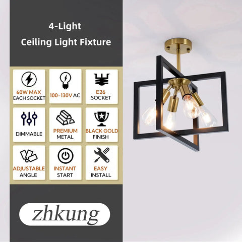 Farmhouse Industrial Ceiling Light Fixture Four Light Dope Vintage Modern Rectangle Black Gold Flush Mount With Rotatable Metal Square Frame