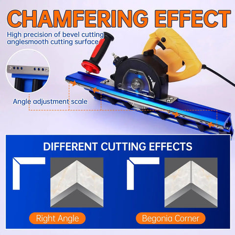 Bevel Edge Tile Tool With 16 Roller Base, 43 Degree Chamfer Machine demonstrating chamfering effect and cutting angles, blue and yellow.