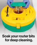 BladeClean Saw Blade And Router Bit Cleaning Kit System with CPR disc set and magnetic handle in use for safe blade cleaning