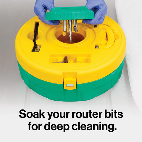 BladeClean Saw Blade And Router Bit Cleaning Kit System with CPR disc set and magnetic handle in use for safe blade cleaning