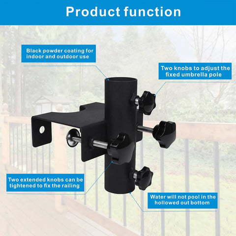 Close-up of Adjustable Outdoor Umbrella Clamp Holder That Clips On Rails Benches Decks And More Universal Umbrella Clamp Mount Fits 0.8 To 2.7 Inch Railings Fences Balconies Tailgates Boats And Patio Spaces, showing steel construction and knob adjusters.