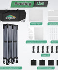 Packing list for 10x20 Pop Up Canopy Tent With 6 Removable Sidewalls, One Push Center Top Setup, includes frame and accessories