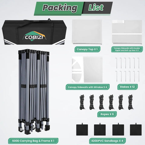 Packing list for 10x20 Pop Up Canopy Tent With 6 Removable Sidewalls, One Push Center Top Setup, includes frame and accessories