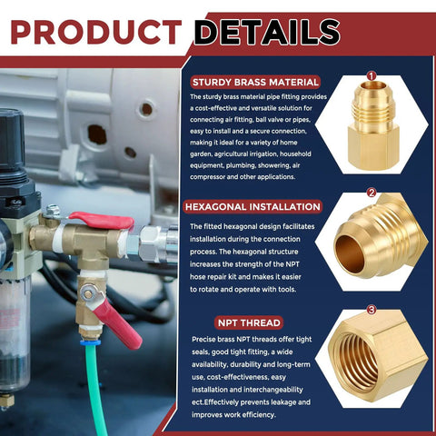 Brass Pipe Fittings Adapter Three Eighths Inch Male Flare To One Quarter Inch Female NPT Solid Brass Connector for leak repair