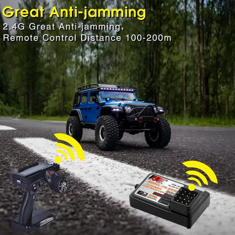RC car with GR3E 2.4G Three Channel RC Receiver For AFHDS 1A Transmitters like GT2 and remote, showing anti-jamming capability.