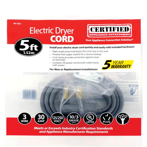 5-foot 30-Amp dryer power cord packaging with 3 prong, 3-wire, closed eyelet connectors, for heavy-duty appliance installations.