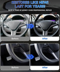 Comparison of Tesla Steering Wheel Repair Kit effects; before and after restoration on Model 3, Y, S, X steering wheels in black.