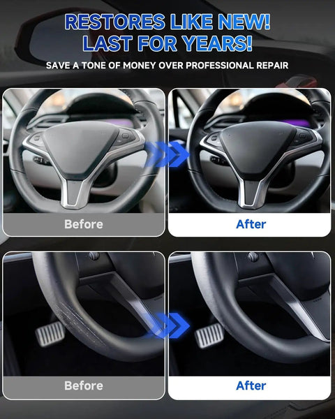 Comparison of Tesla Steering Wheel Repair Kit effects; before and after restoration on Model 3, Y, S, X steering wheels in black.