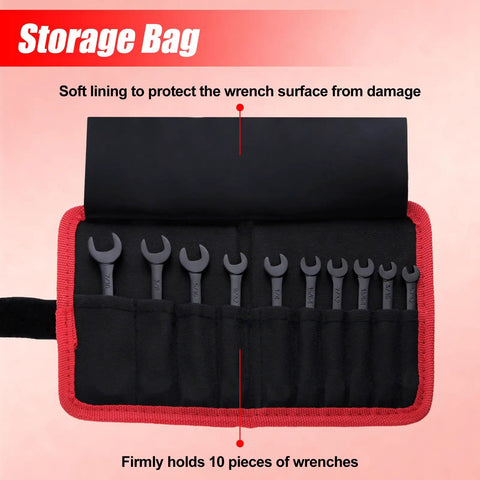 Mini SAE Ten Piece Wrench Set With Open End And Box End Wrenches Zipper Bag And Key Ring For Small Fasteners From Five Thirty Second To Seven Sixteenth Inch in opened storage bag showing soft lining and wrench slots.