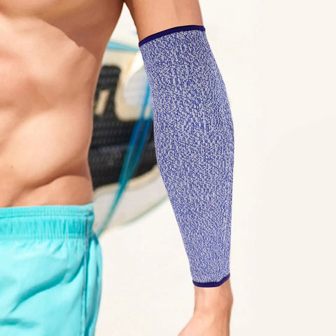 Premium Cut Resistant Arm Sleeves 2 Pack Blue Anti Cut Forearm Guards For Industrial Work Heavy Duty Job Site Hustle Legit Workshop Protection, worn on a forearm.