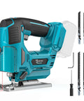 Cerycose cordless jigsaw, front view, Makita 18V compatible, teal/black housing, laser guide, LED light, 6 blades.