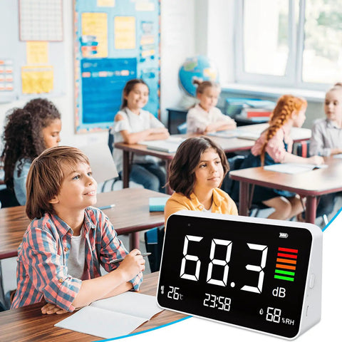 5 In 1 Decibel Meter With 8.6 Inch HD LCD Display Desktop Sound Level Meter 30 To 130 dB Temperature Humidity Clock Time For Classroom Studio Home Factory Use in classroom