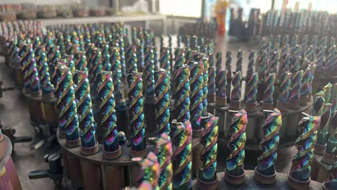 Front view of rainbow DLC-coated carbide square end mills with 1/4-inch shank and 3-flute.