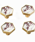 4 Pack Hexagon Cabinet Knobs With Solid Brass Construction And Calacatta Viola Marble Texture Brushed Gold Finish